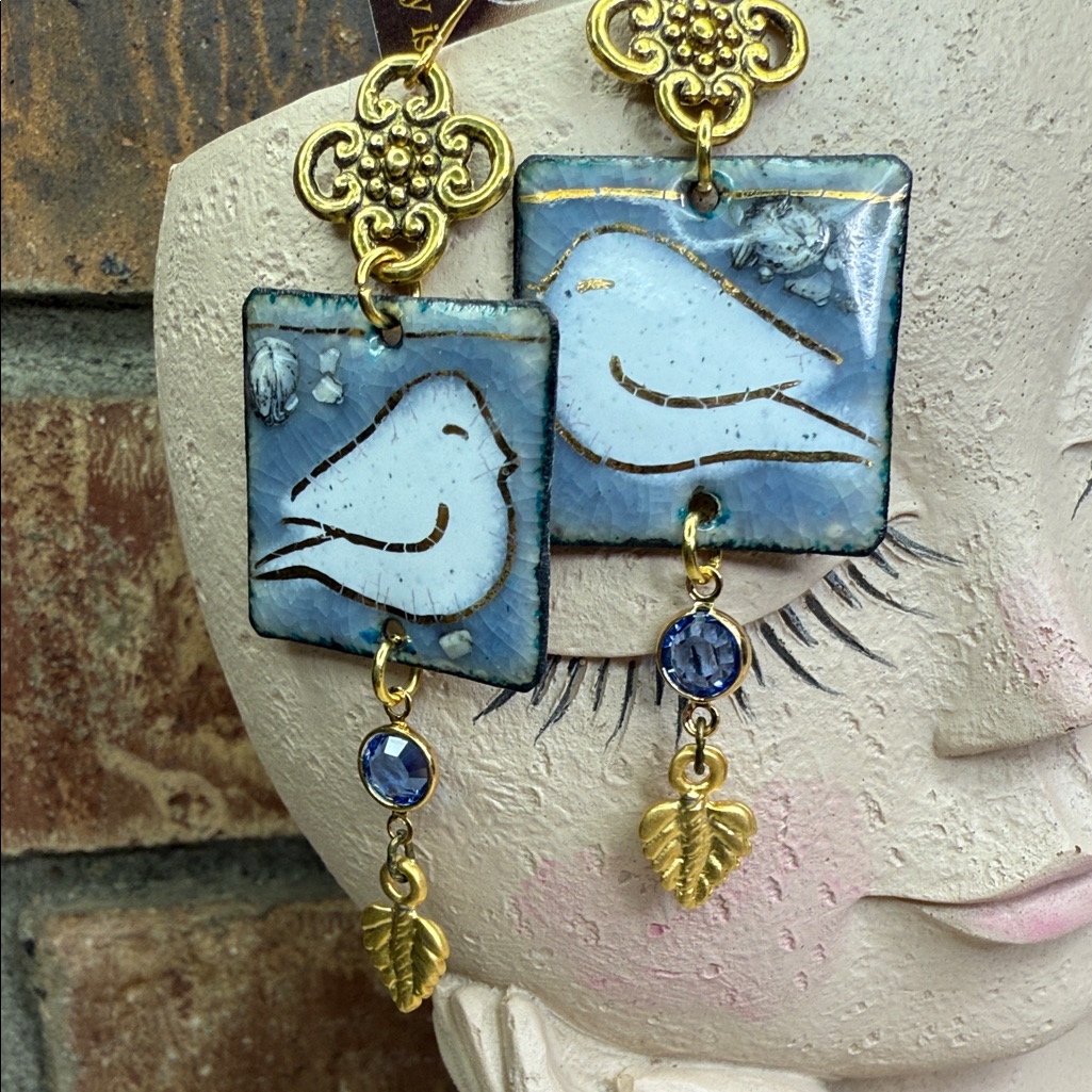 White Enameled Bird And Gold Motif Earrings